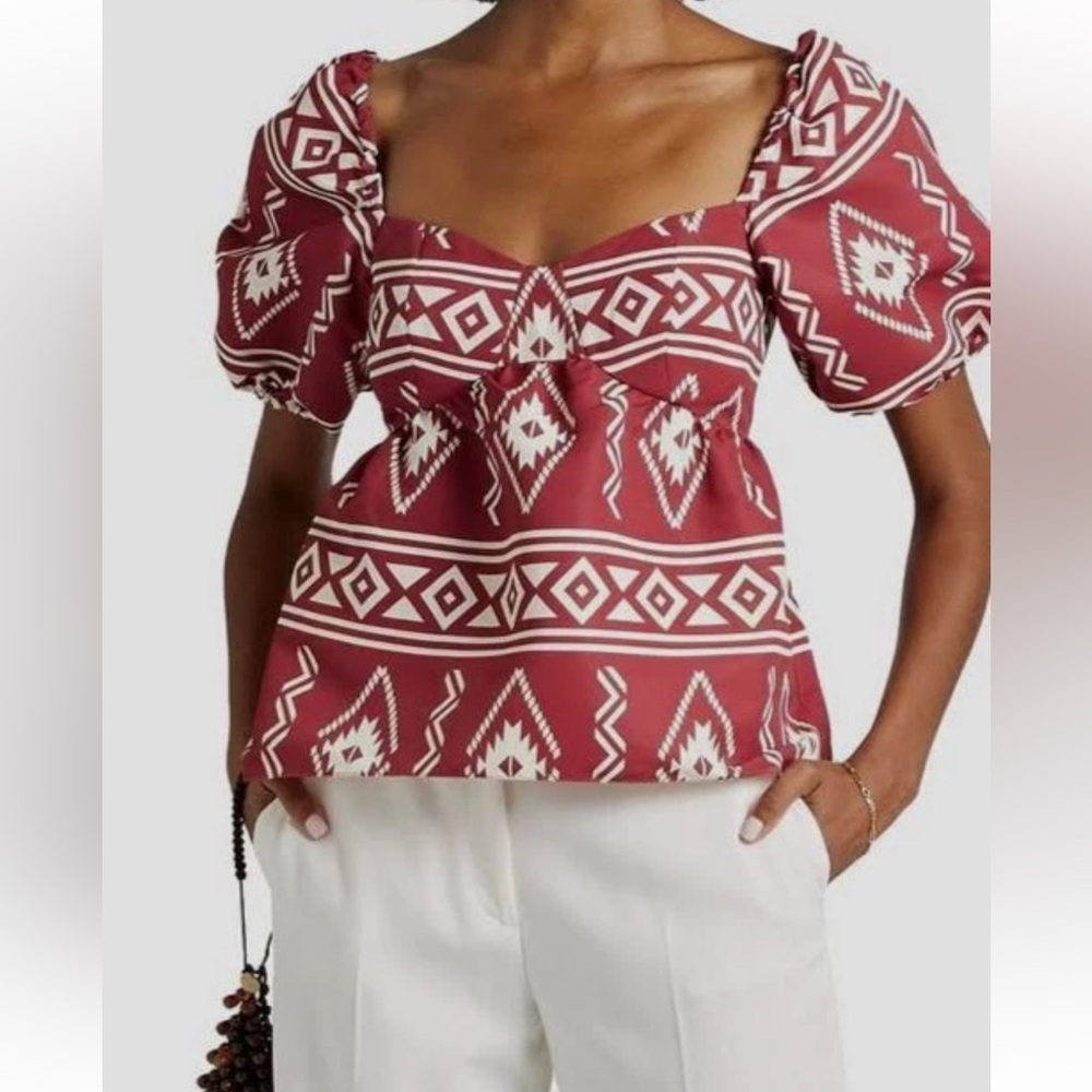 Sachin & Babi Women's Red Lyra Print Short Sleeve Back Tie Top Size 10